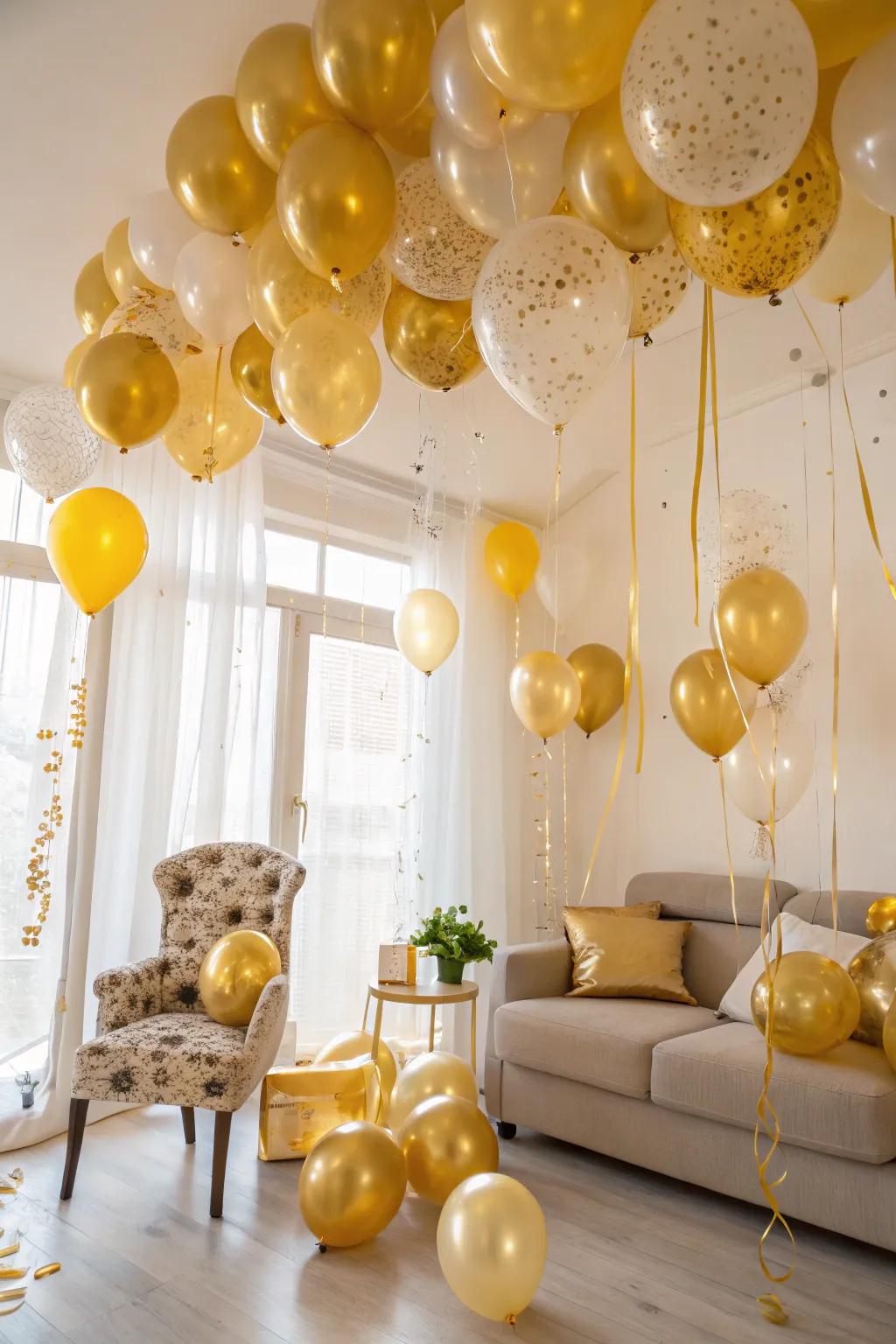 Transform the space with a sea of gold balloons for a festive look.