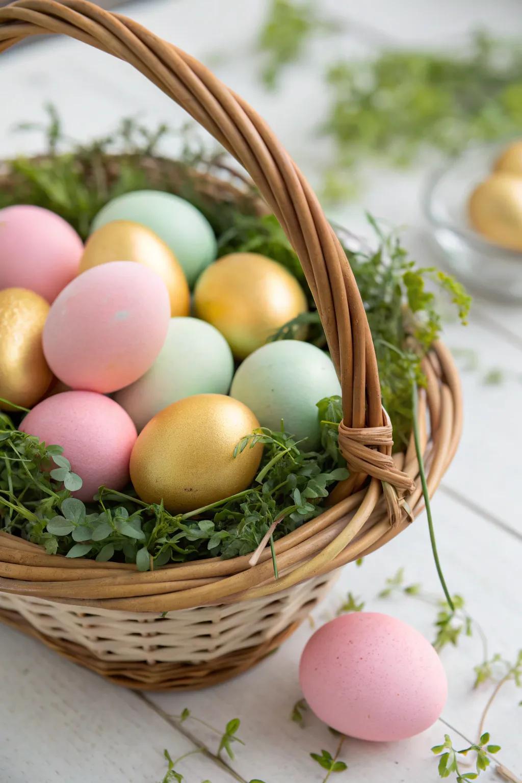 Golden eggs stand out in a colorful pastel-themed basket.