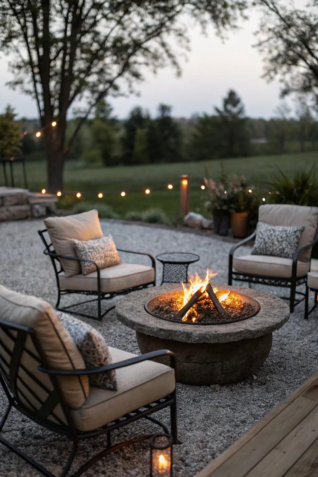 A gravel patio featuring a central fire pit, surrounded by cozy seating.