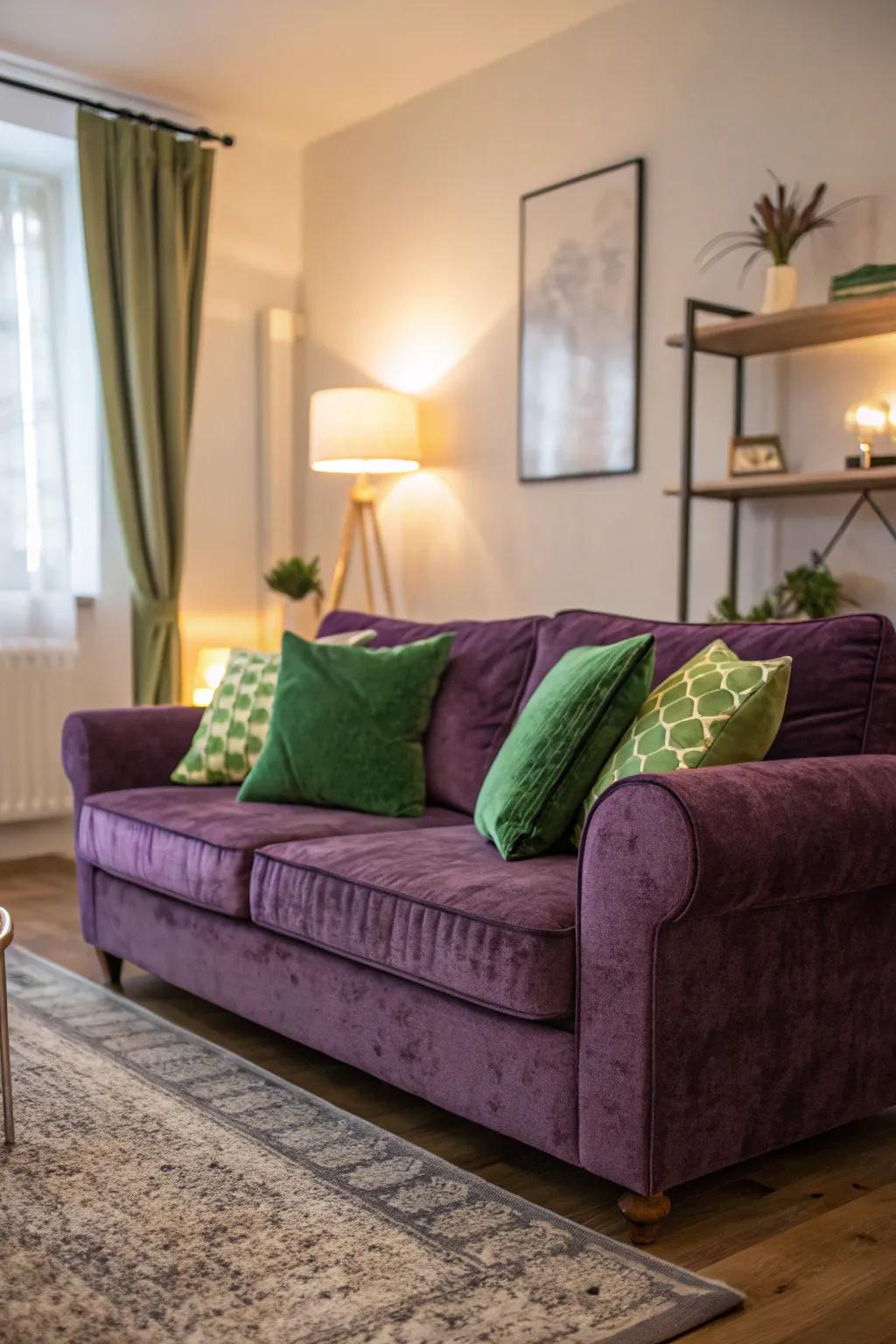 A luxurious purple velvet sofa adorned with green cushions.