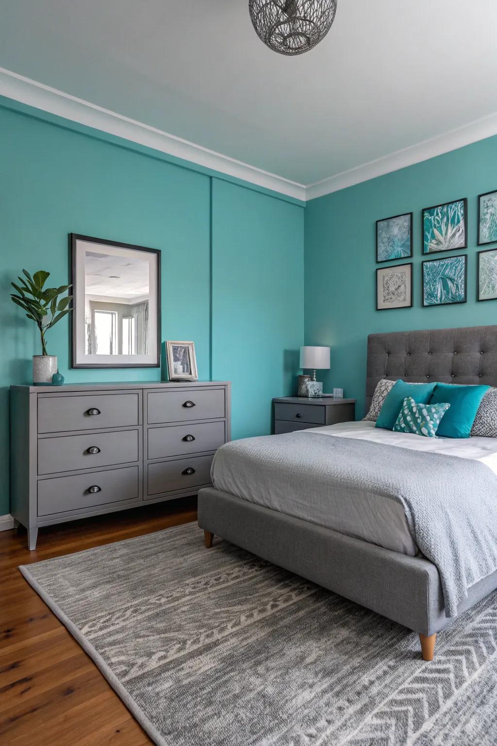 A turquoise accent wall adds a refreshing touch to a grey-themed bedroom.