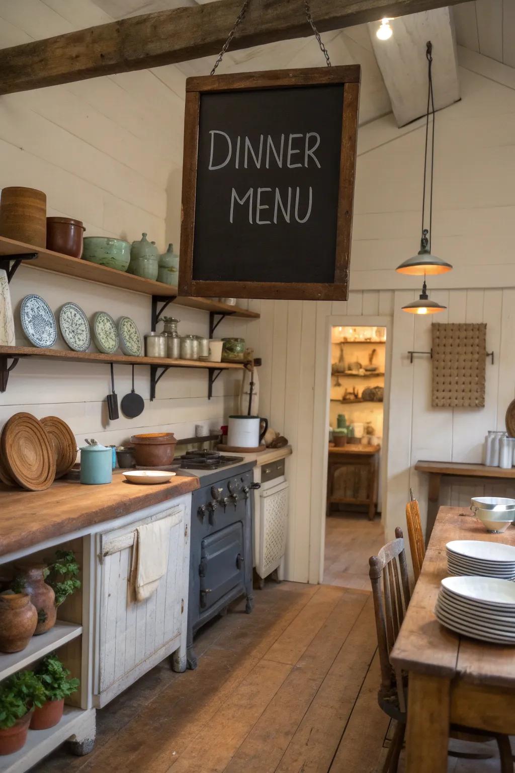 A chalkboard sign adds a personal touch to any kitchen space.