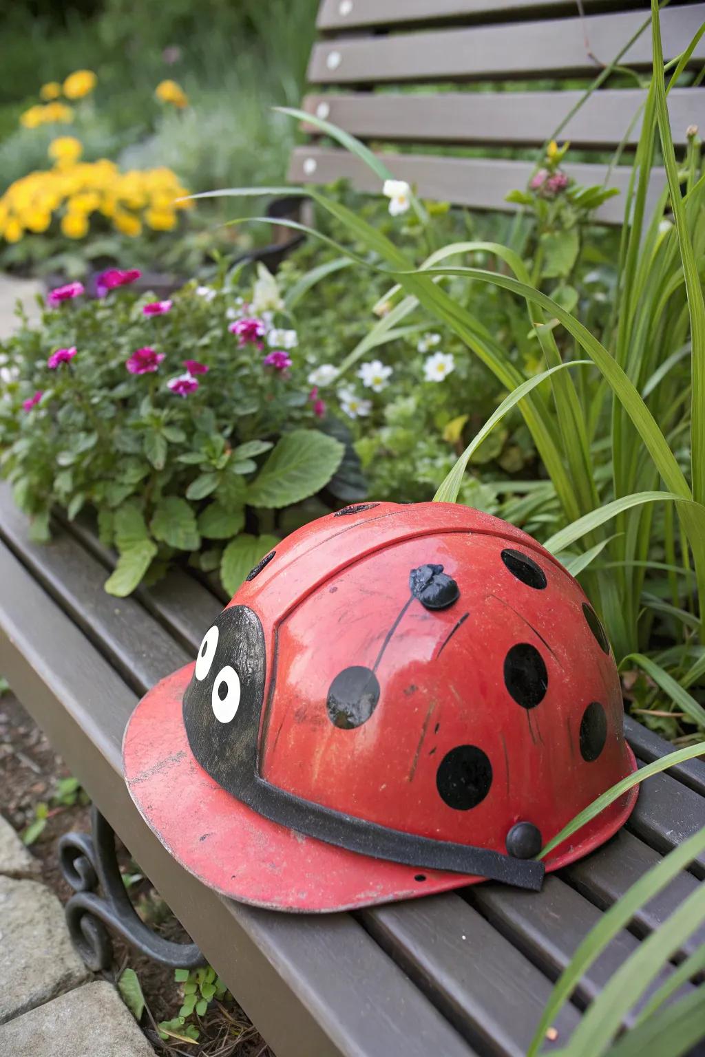 A playful ladybug-themed hard hat adds a fun touch to safety gear.