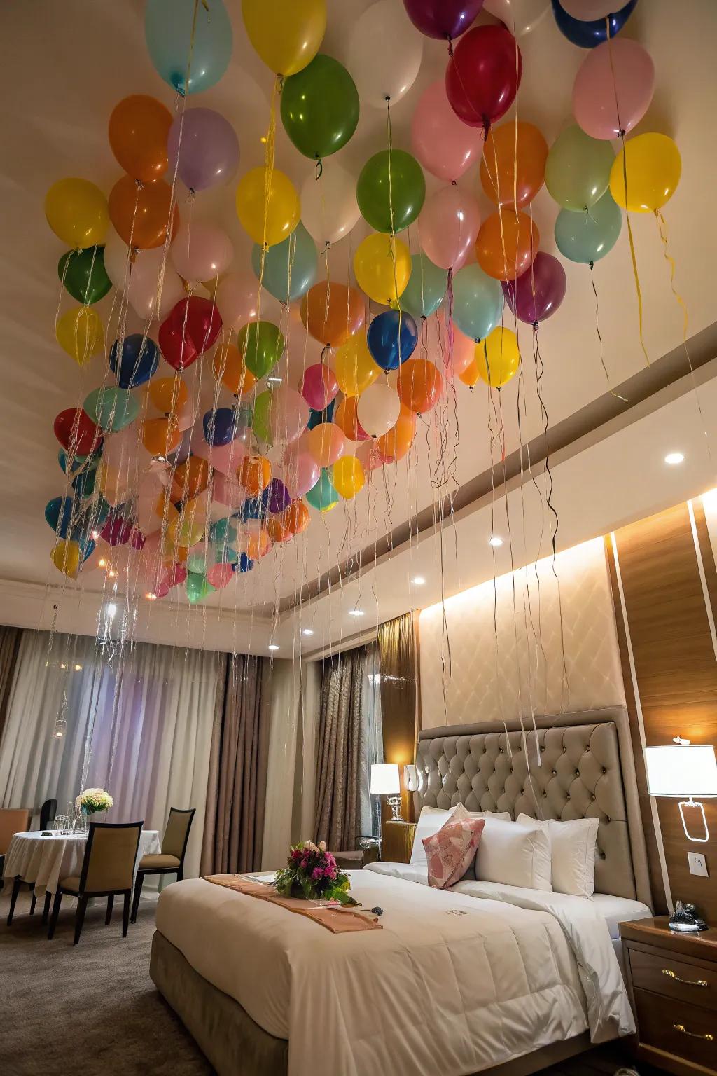 Awake to a whimsical ceiling adorned with floating balloons.
