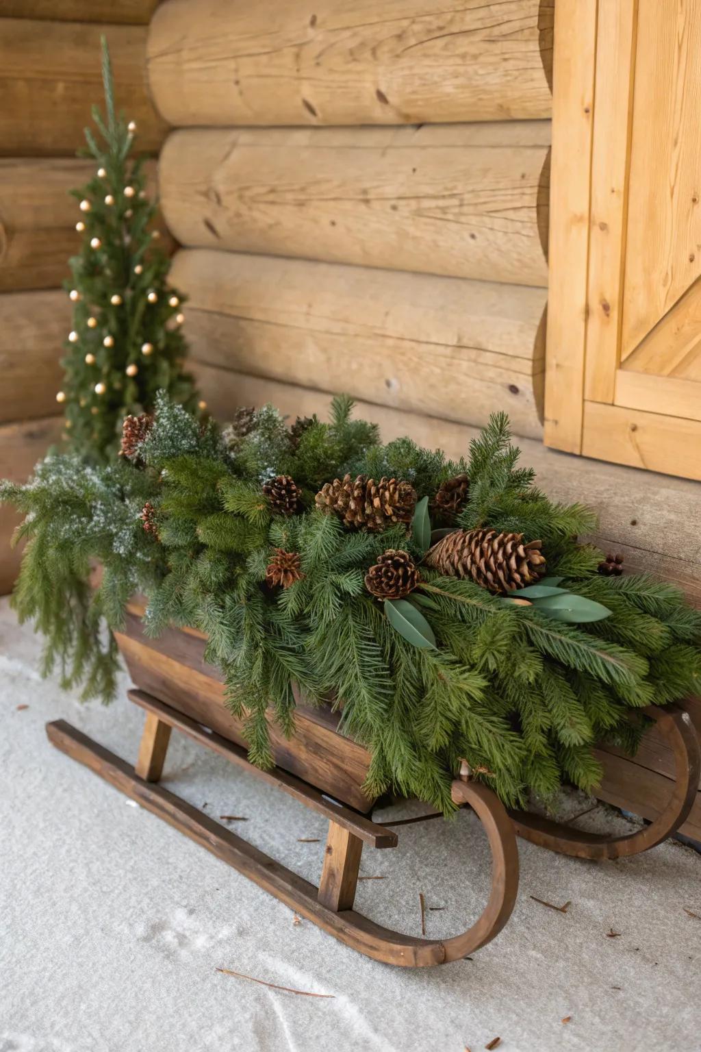 Rustic sled adorned with greenery and pinecones for a natural touch