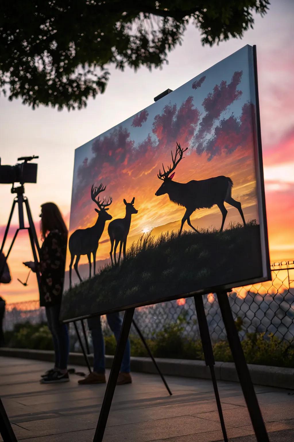 Deer silhouettes against a stunning sunset backdrop.