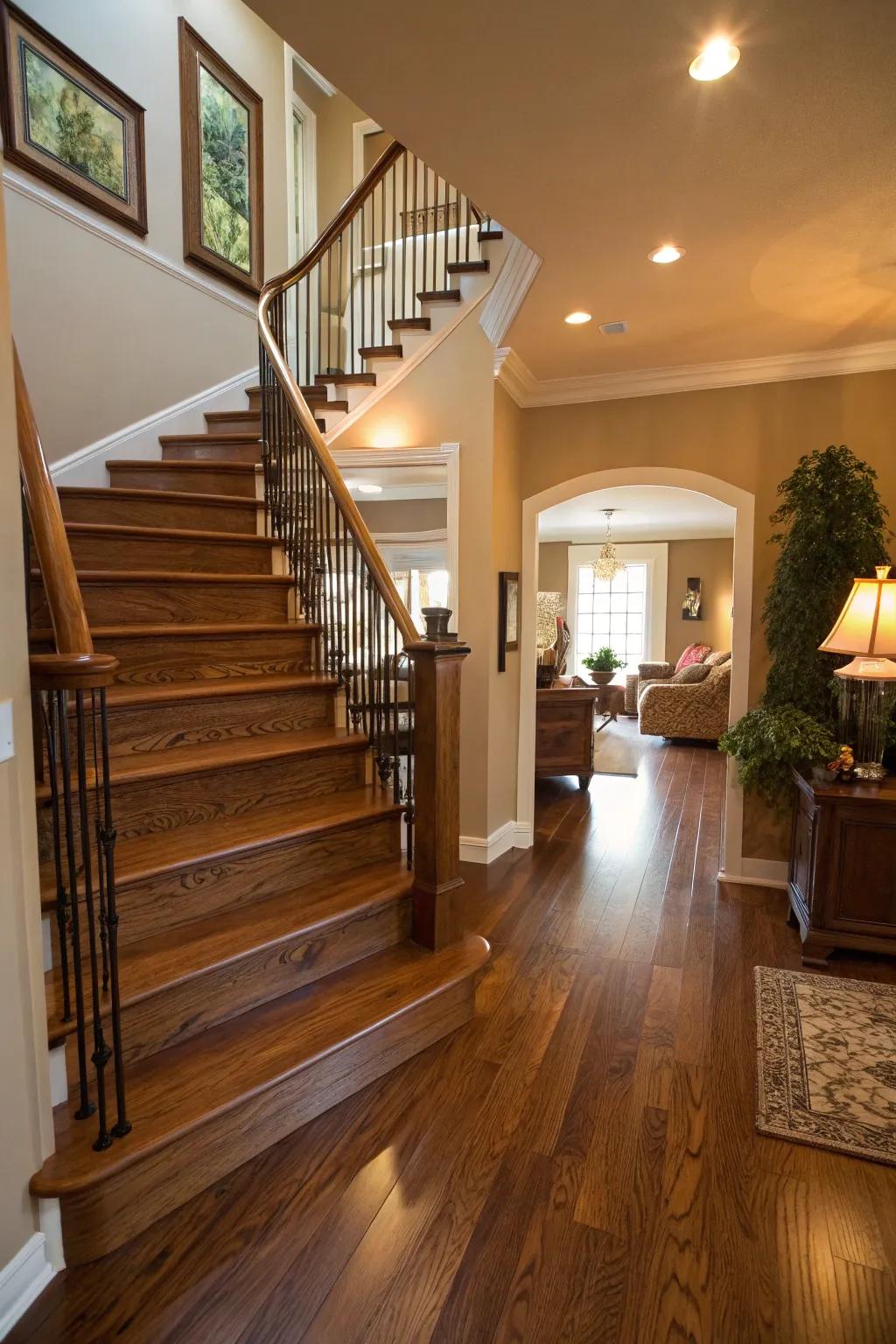 Enduring sophistication through classic hardwood stairs.
