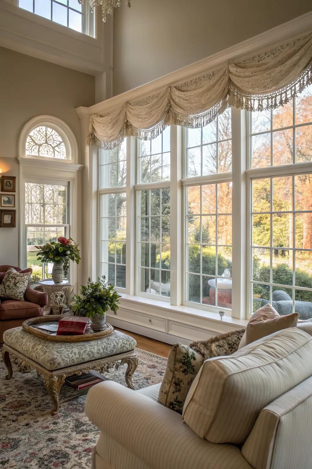 Large windows with elegant white trim brighten up a cozy living room.