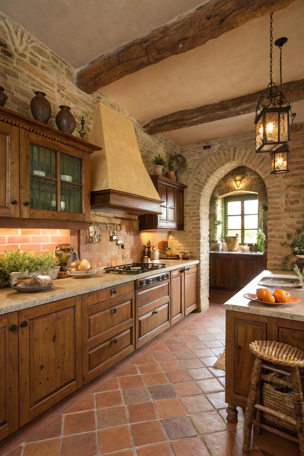 Earthy tones and terracotta accents create a warm Italian kitchen ambiance.