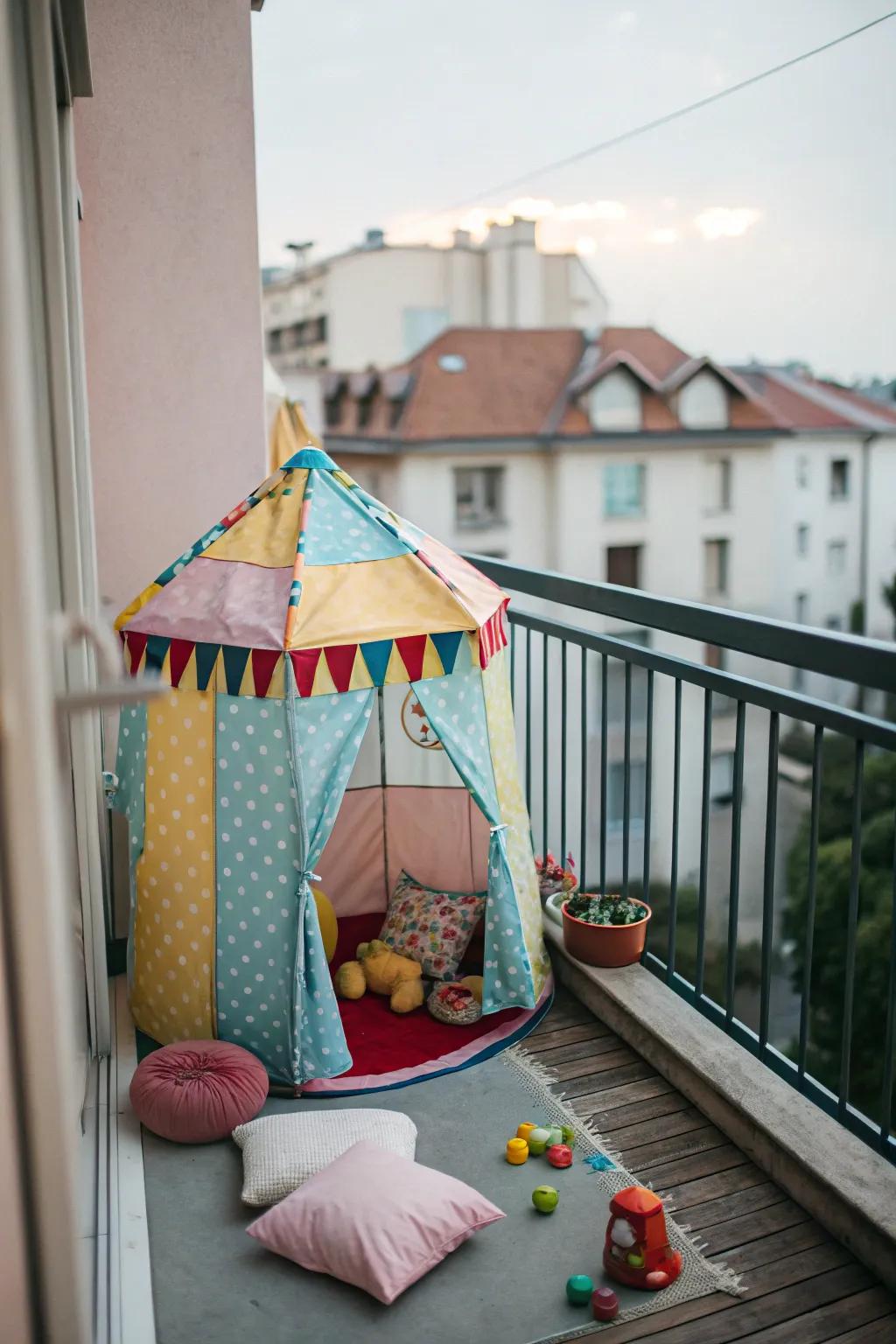 A vibrant play tent creates a magical hideaway for kids on the balcony.