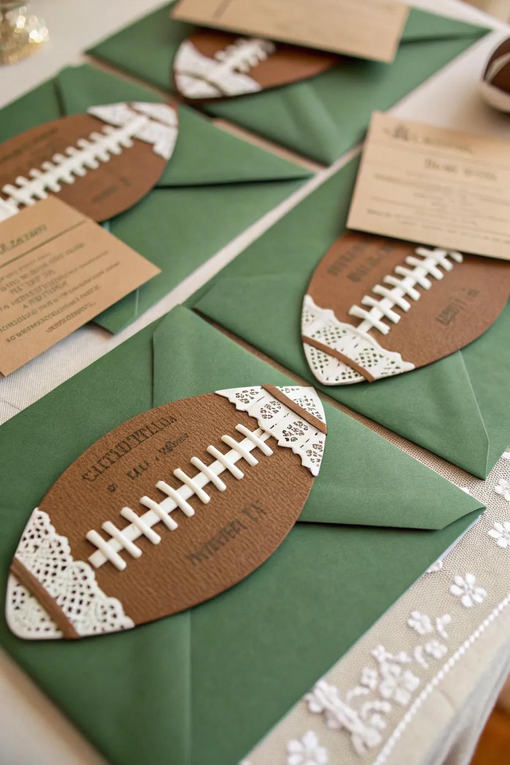 Custom football-shaped invitations ready to rally the team.