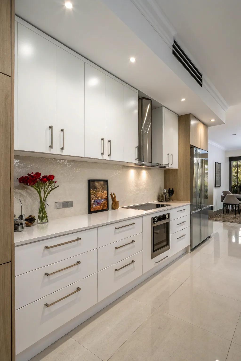 Cabinets extended to the ceiling, creating a seamless and tall kitchen look.