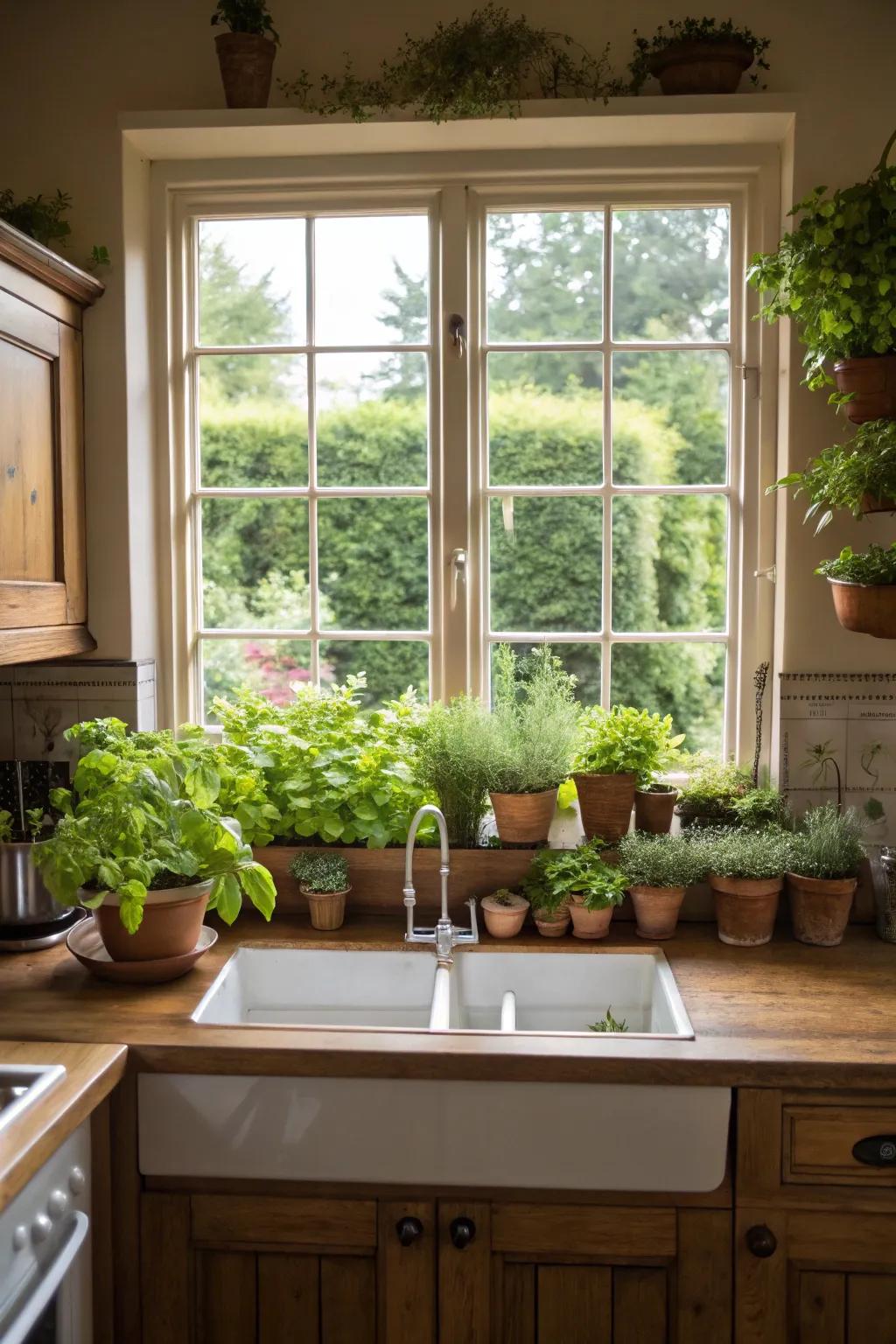 A kitchen garden window bursting with fresh herbs.