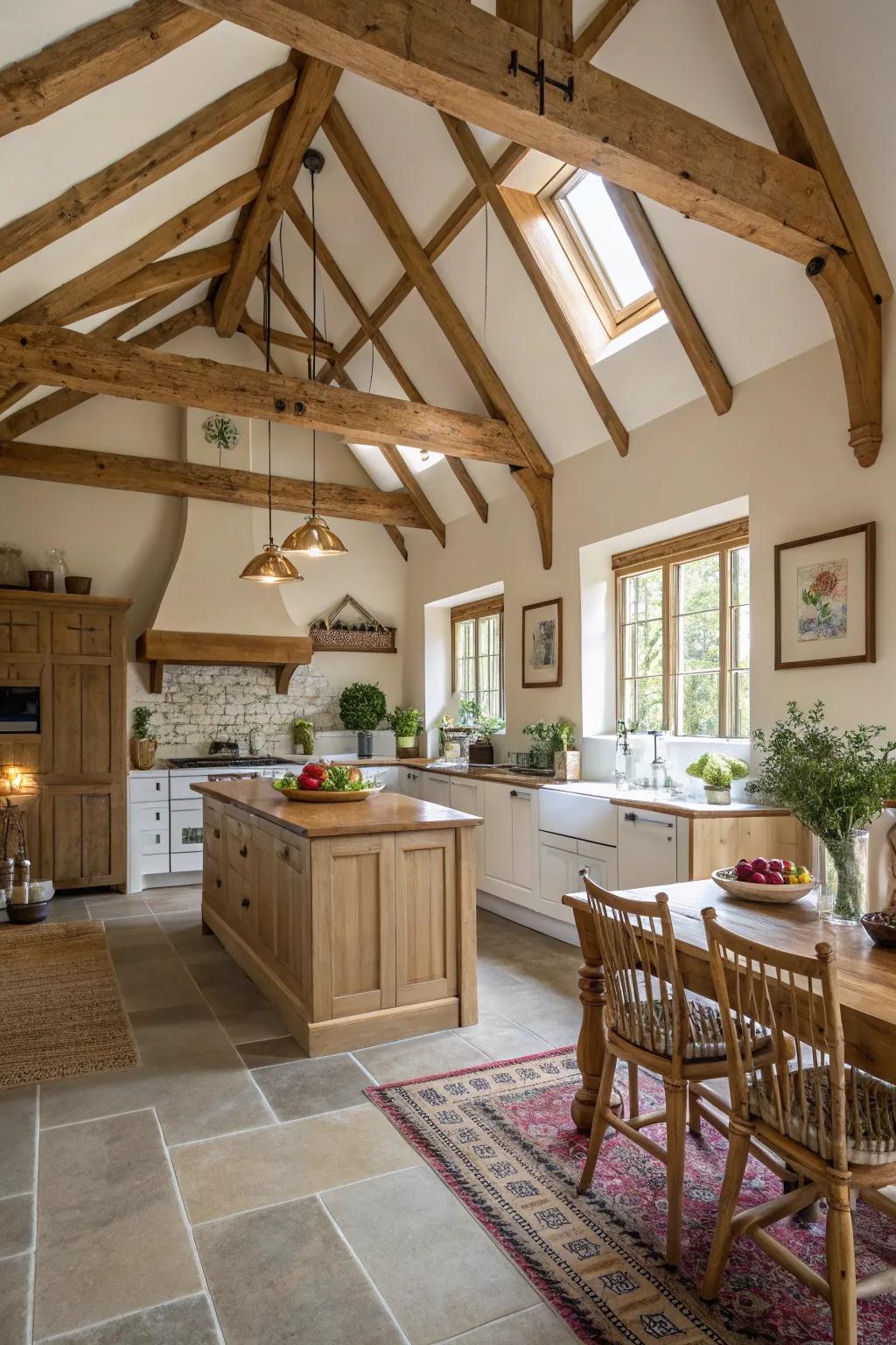 Exposed wooden beams add rustic charm to this vaulted ceiling kitchen.