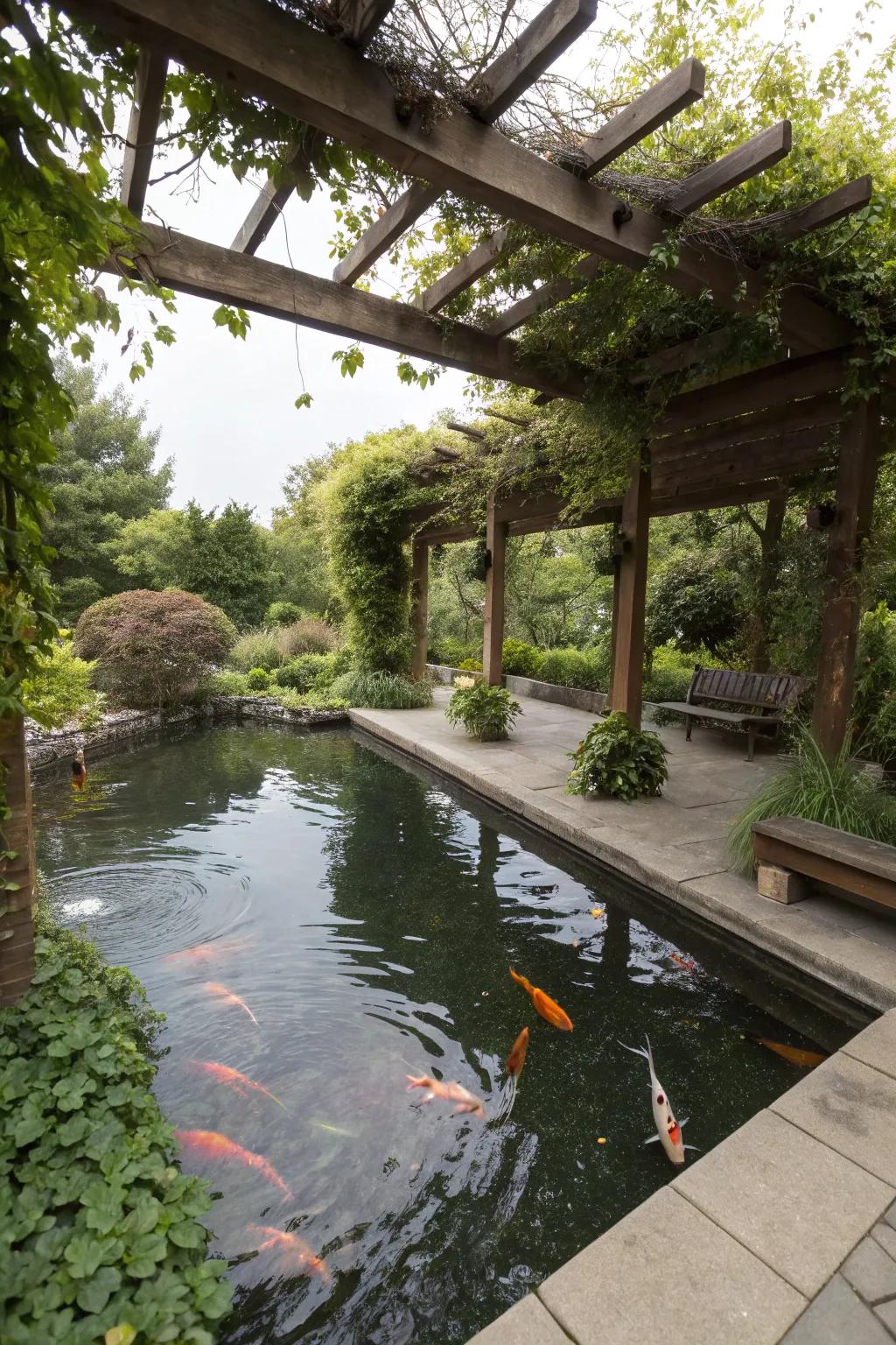 A timber pergola adorned with climbing vegetation, offering shade to a koi pond.