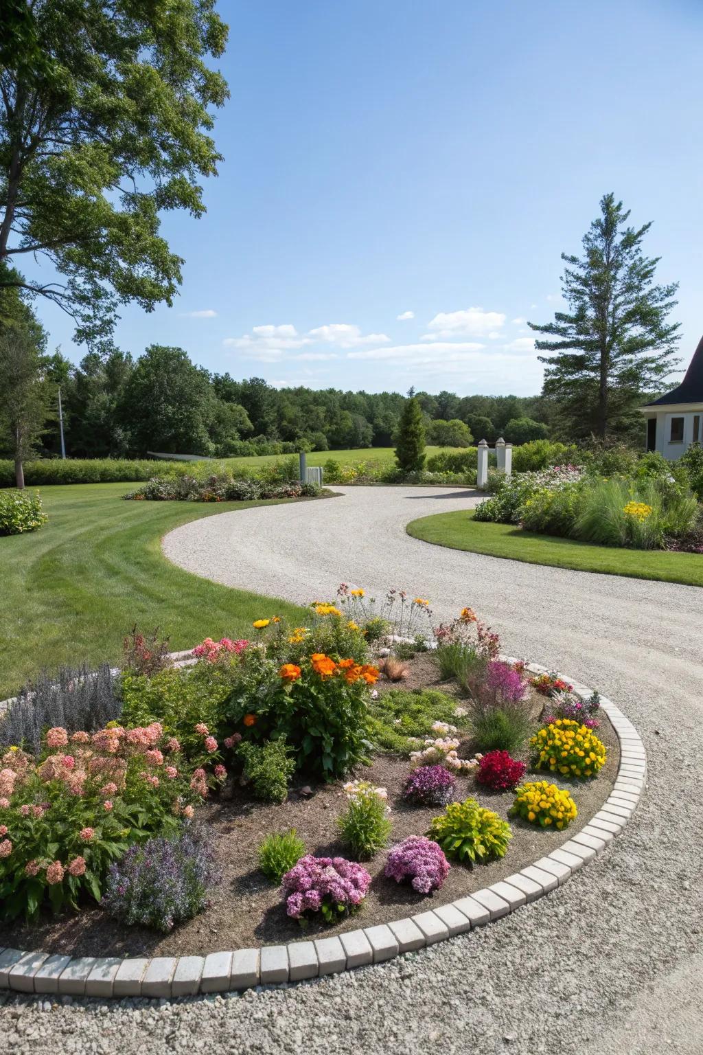 A circular driveway with a central floral focal point.