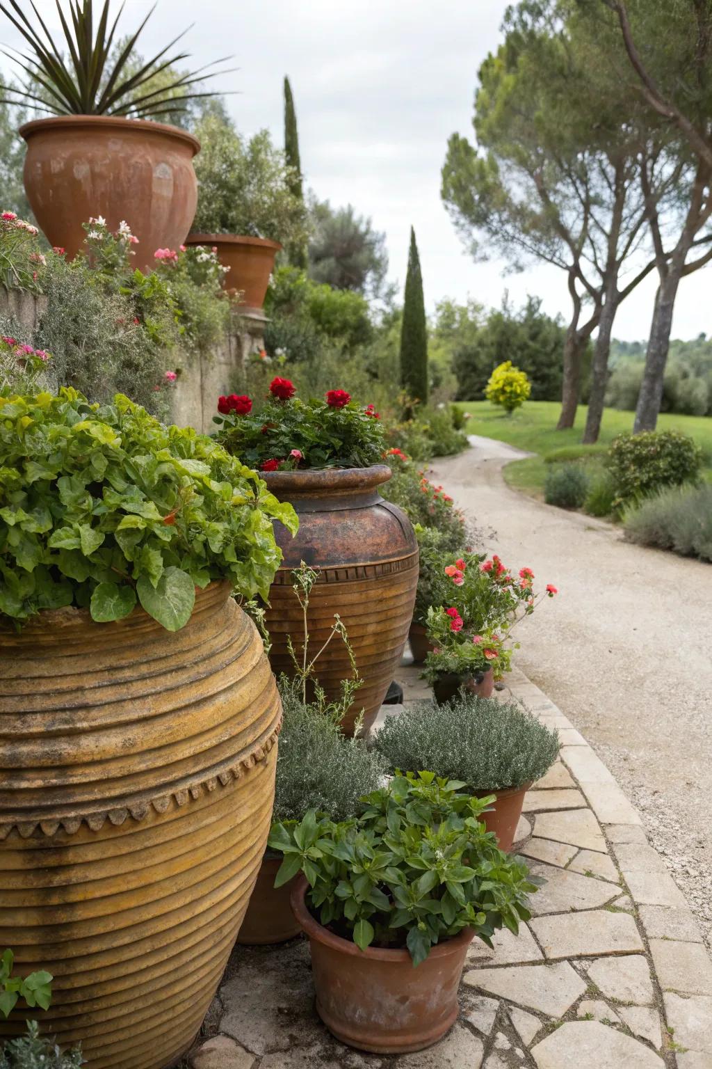 A delightful mix of pot materials for a unique garden look.