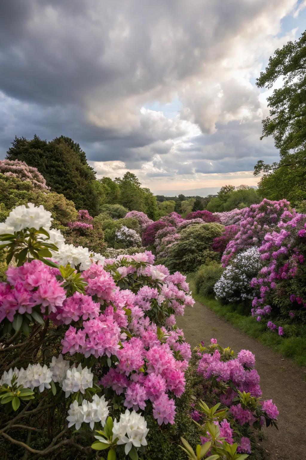 A vibrant mix of rhododendron colors creating a lively garden scene.