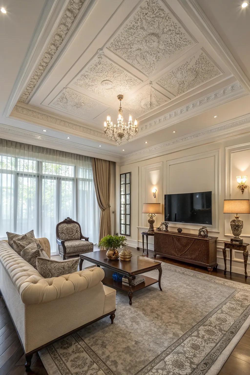 A spacious living room with large crown molding, enhancing the room's grandeur.