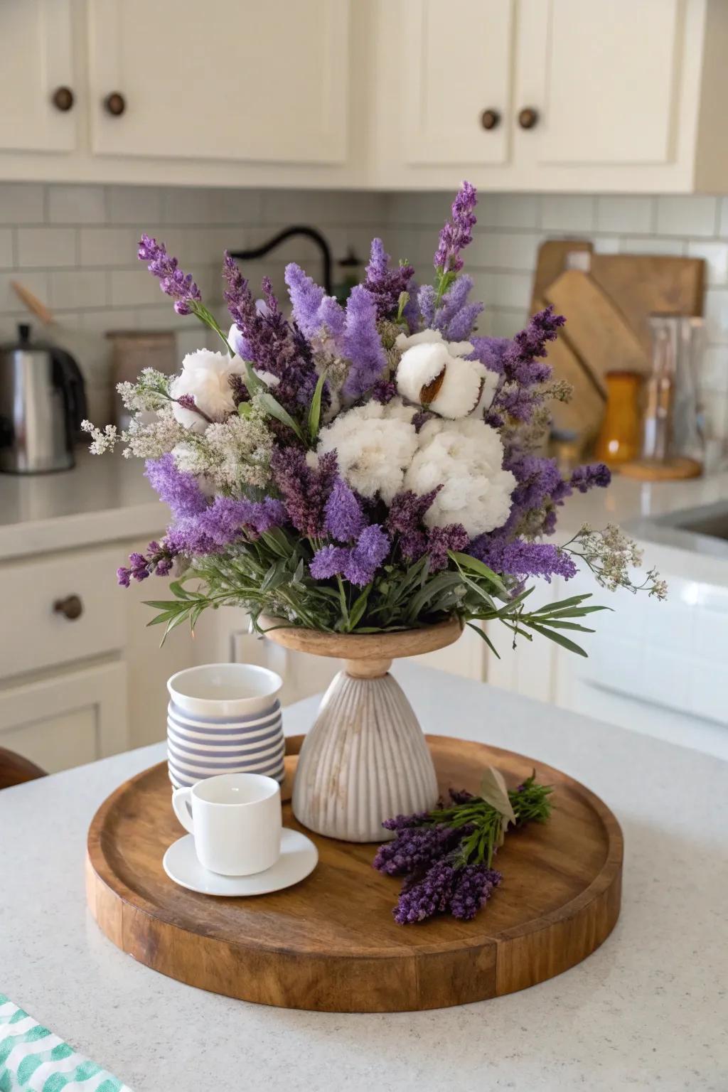 A lazy Susan featuring a charming floral display with lavender and cotton.