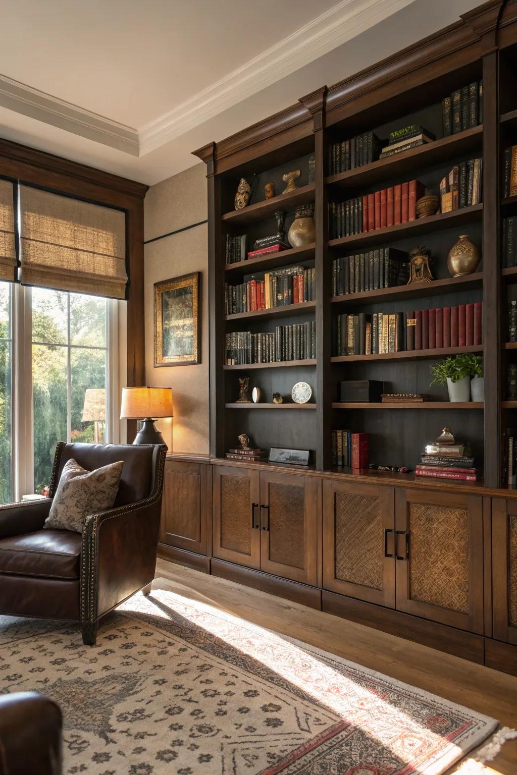 Elevate your shelves with leather panels for a luxurious touch.