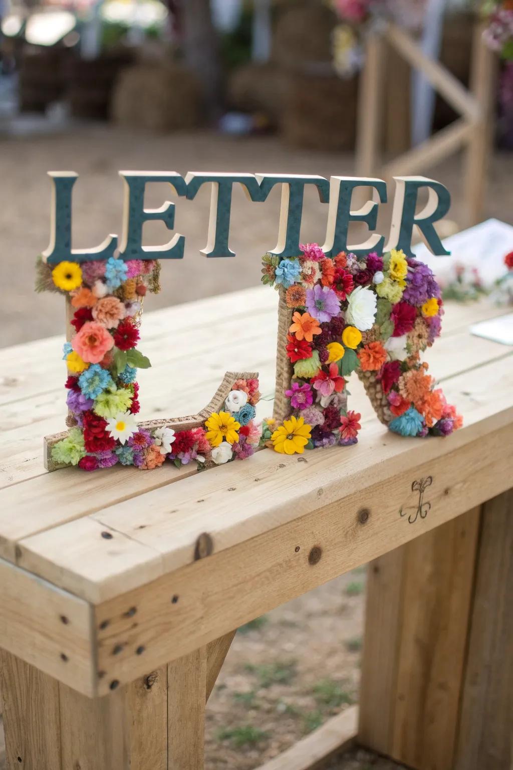 A letter exquisitely embellished with vibrant faux flowers.