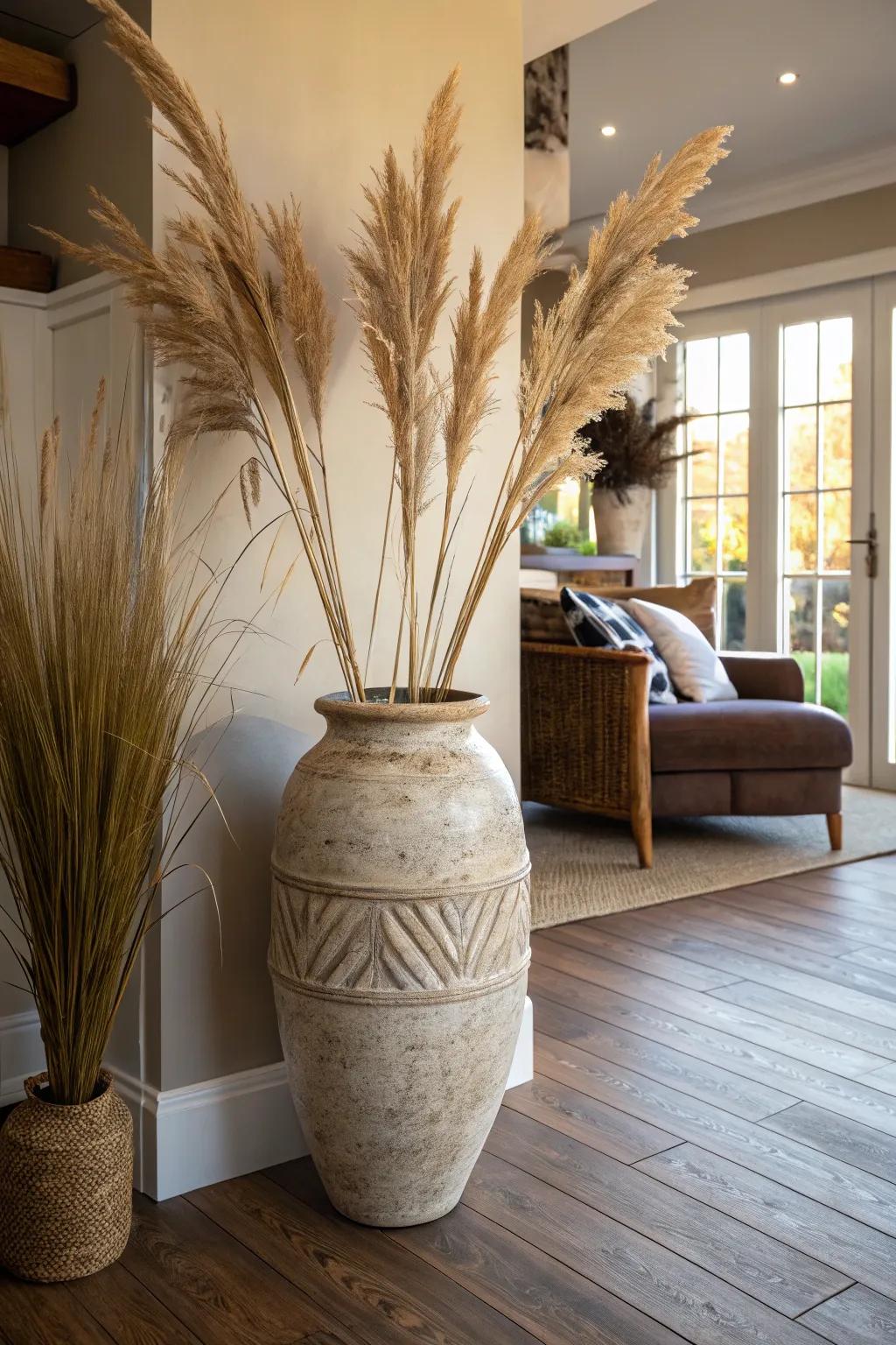 A large ceramic vase filled with pampas grass adds a bohemian touch to any living room.