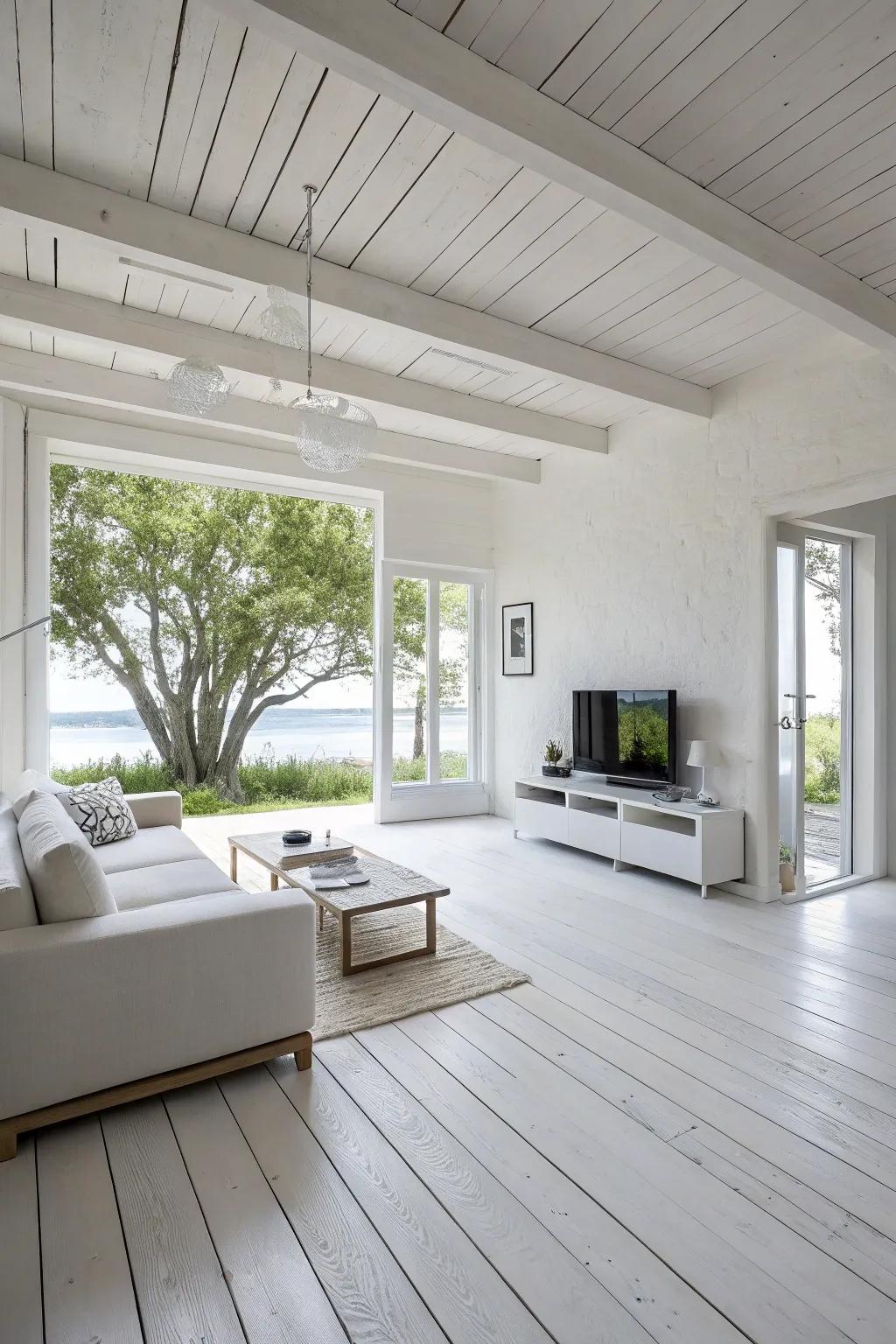 Minimalist living room showcasing the beauty of simplicity with white wood floors.