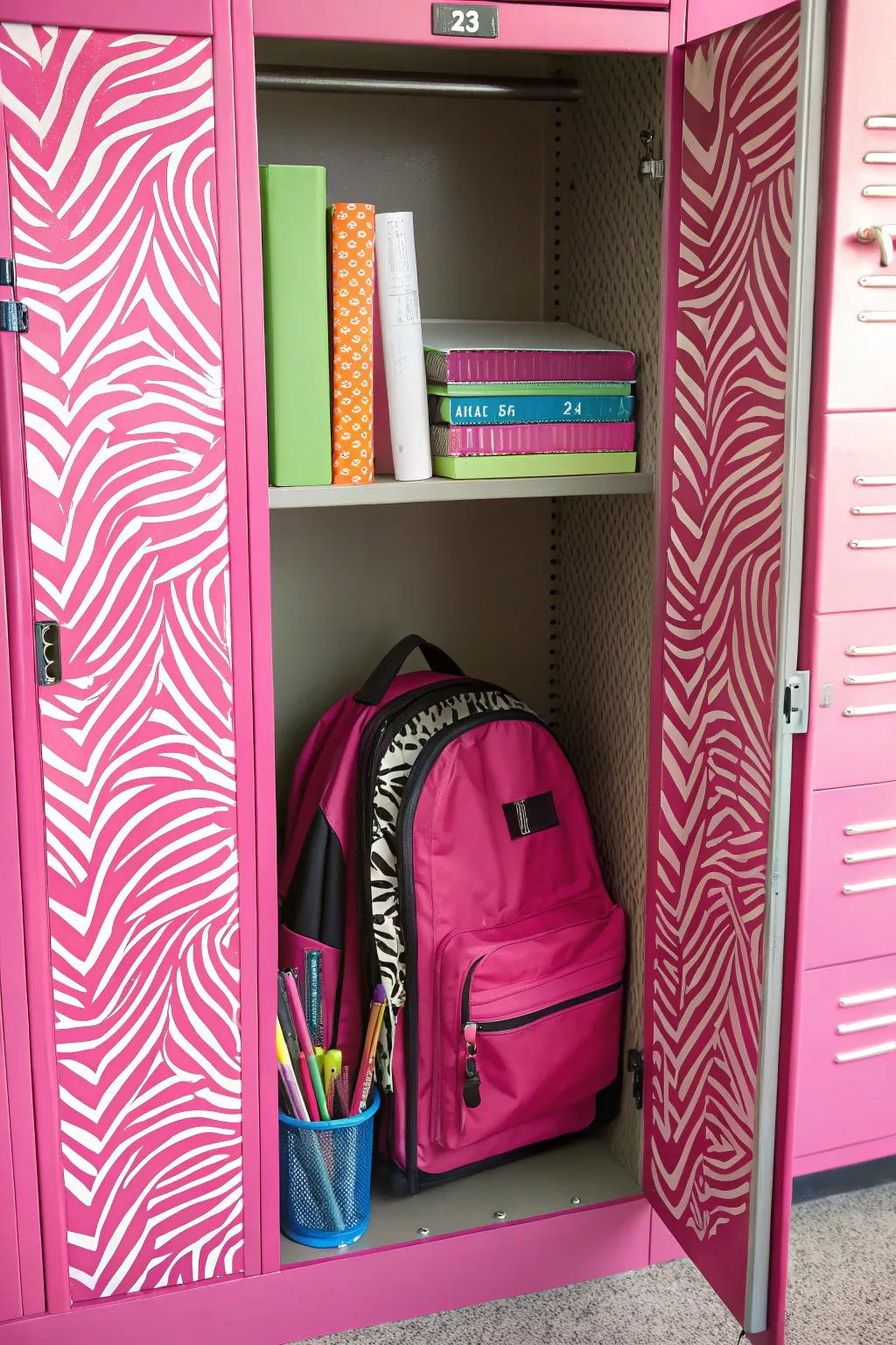 A locker bursting with vibrant pink and zebra patterns, adding a lively touch.