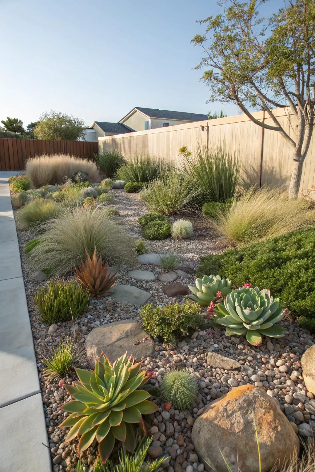 A front yard featuring drought-tolerant succulents and native grasses.