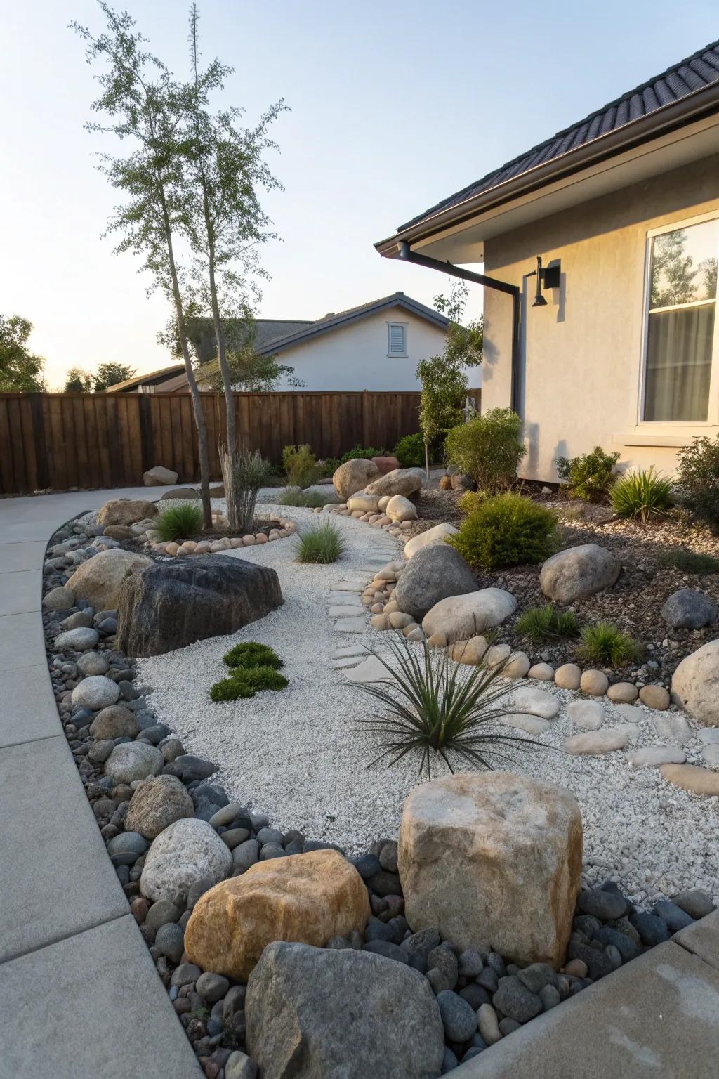 A peaceful rock garden with diverse rock sizes and minimalistic plants.