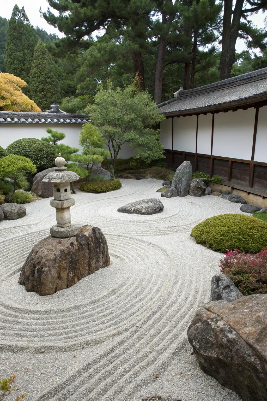 A tranquil zen garden crafted with river rocks and minimalistic design.