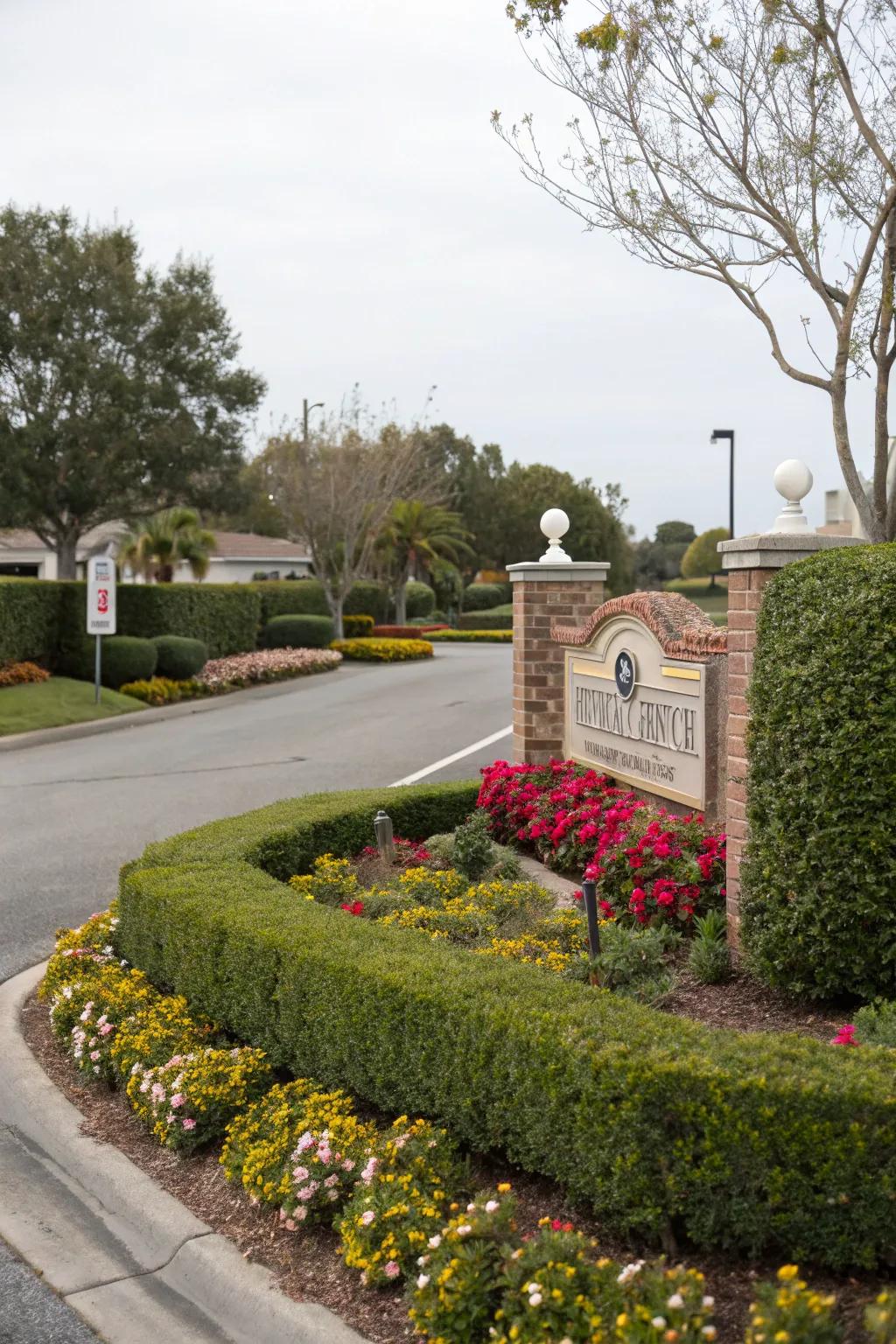 A neighborhood sign framed by vibrant flowers.