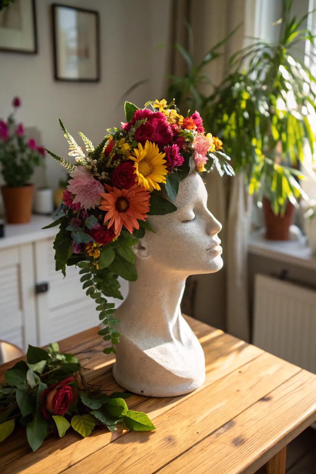 Floral arrangements on mannequin heads add a touch of nature to any room.