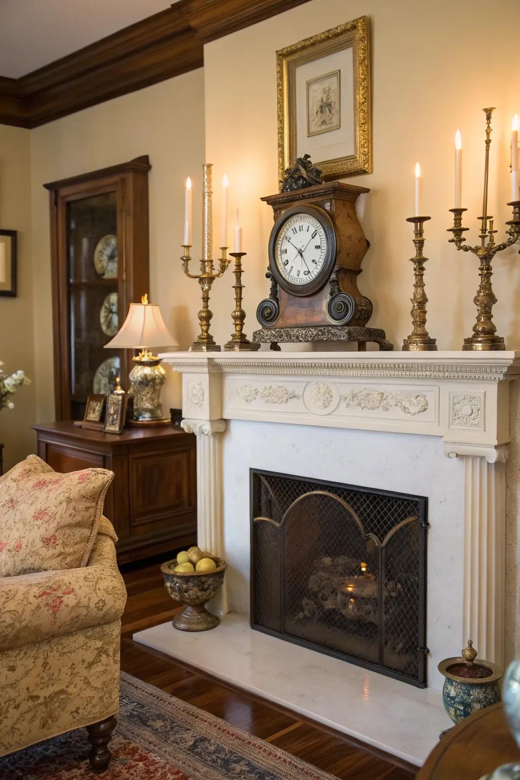 A classic setup with a clock and ornate candlesticks.