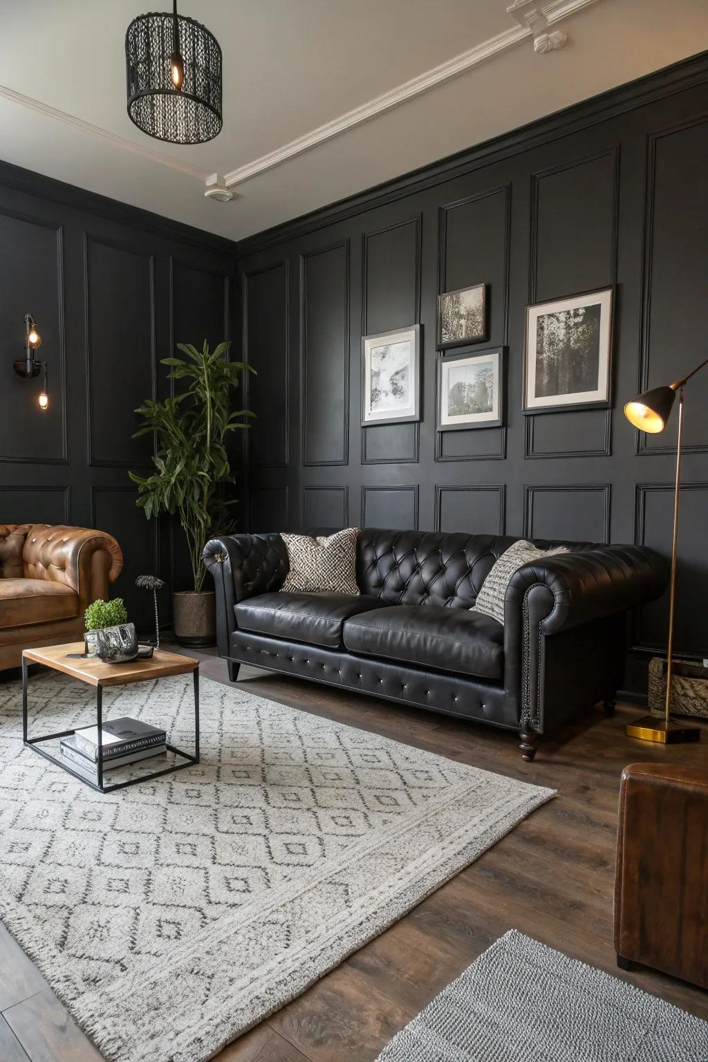 A men's living room featuring a dark color palette for a bold statement.