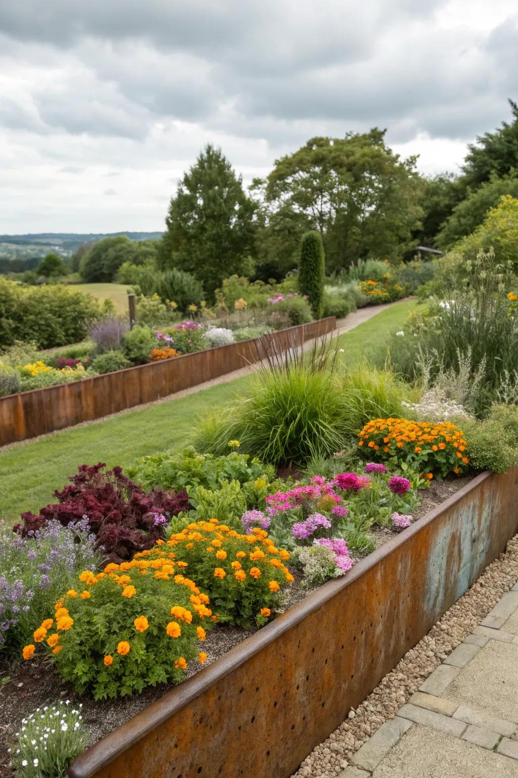 Weathered steel edging adds rustic charm to garden beds.