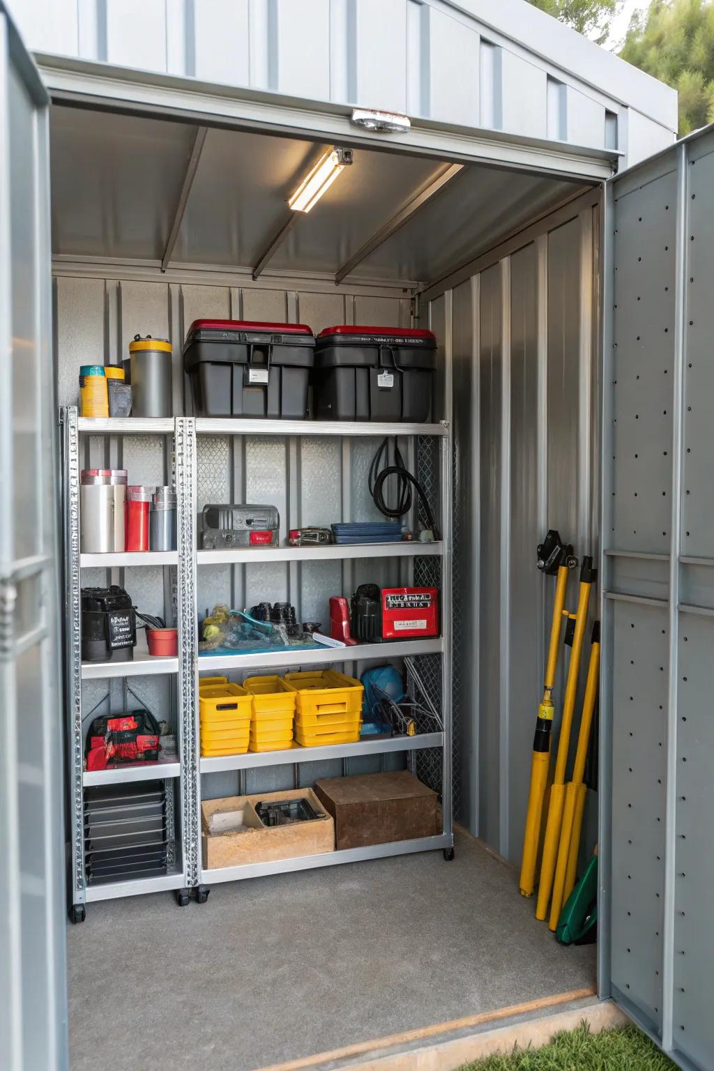 Adaptable racking ensures horticultural tools and provisions are immaculately arrayed.