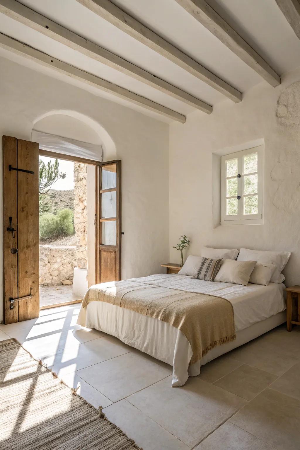 A bedroom featuring a calming neutral color palette.