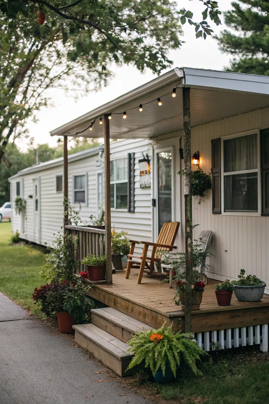 A cozy front porch with chairs and plants enhancing a mobile home's entrance.