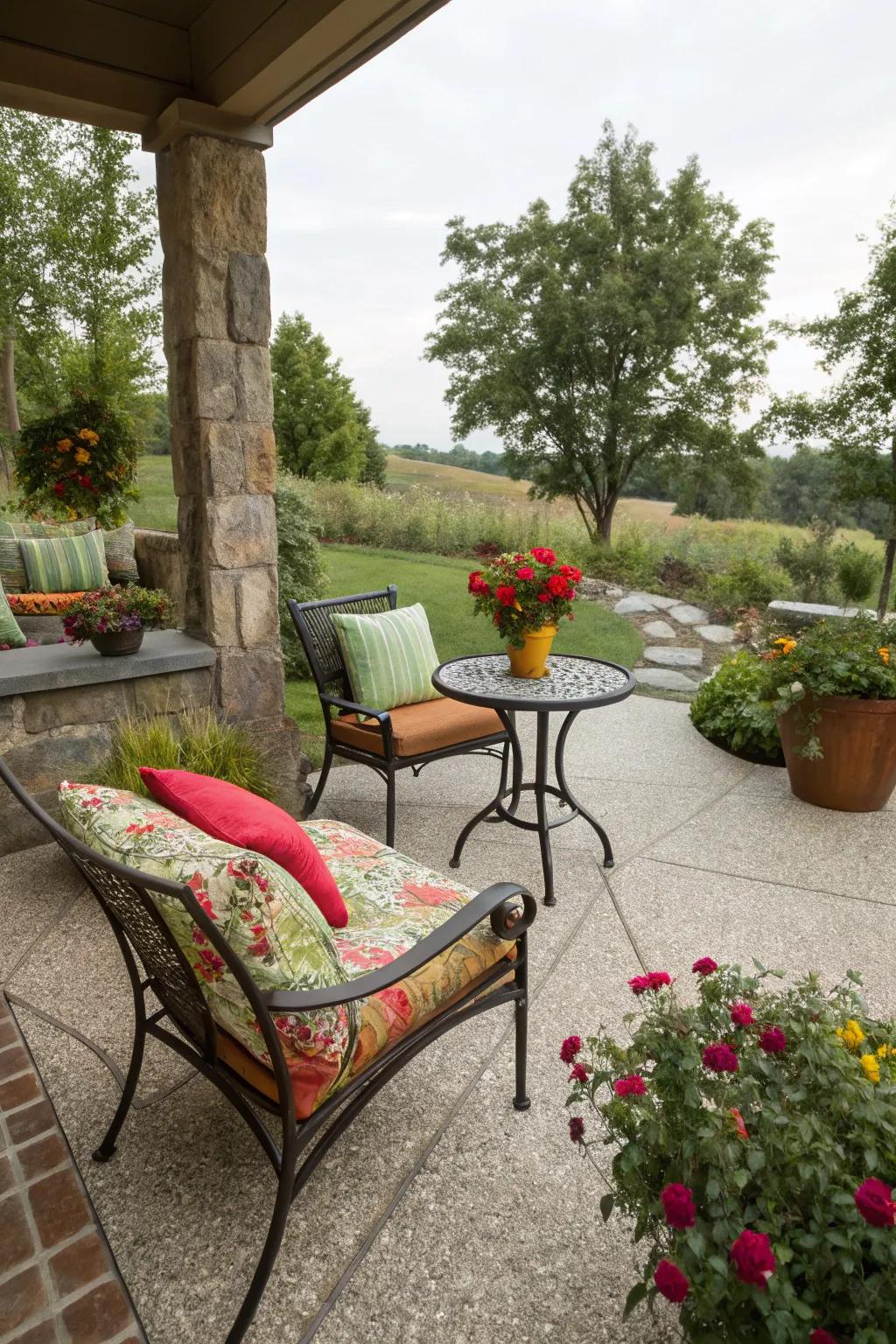 A cozy nook with exposed aggregate flooring and vibrant cushions.