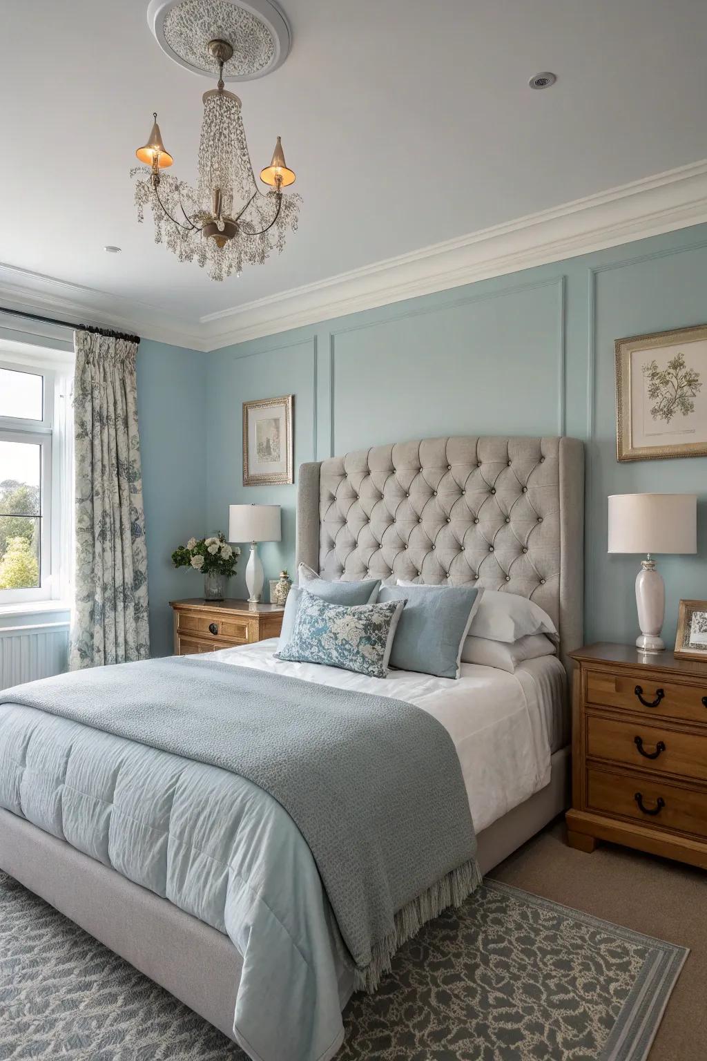 A serene bedroom with soft blue walls and grey accents creates a calming retreat.