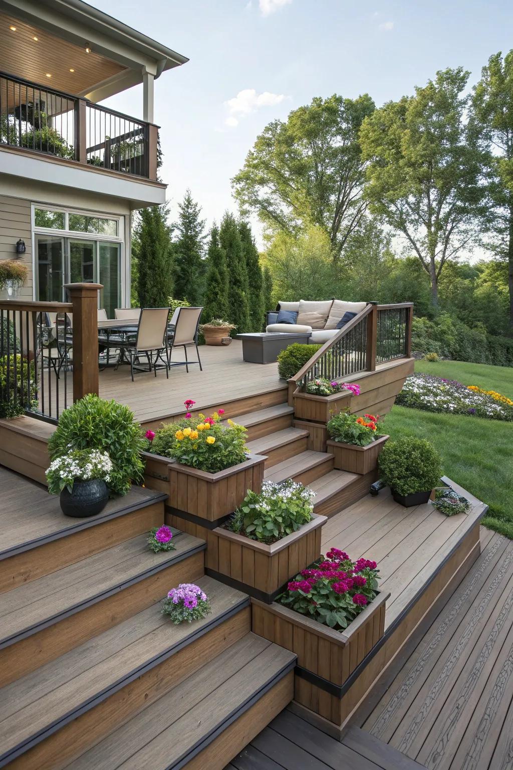 A beautifully layered deck offering multiple vantage points and cozy seating.