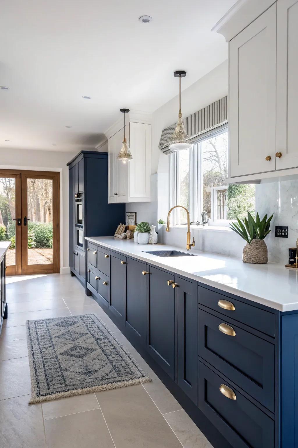 Navy blue cabinets and white countertops create a fresh and elegant kitchen atmosphere.