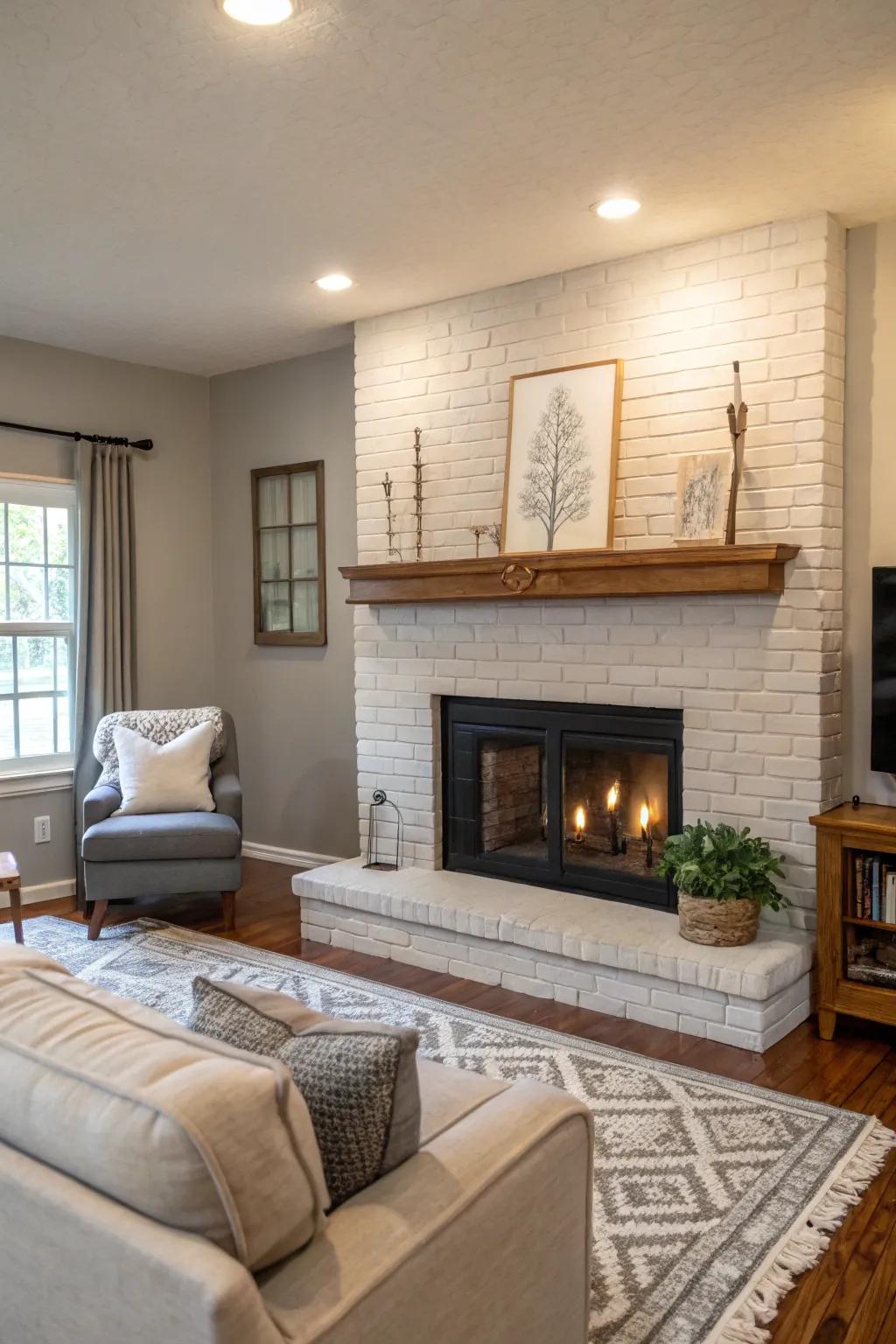 Gray painted brick fireplace exudes modern elegance.