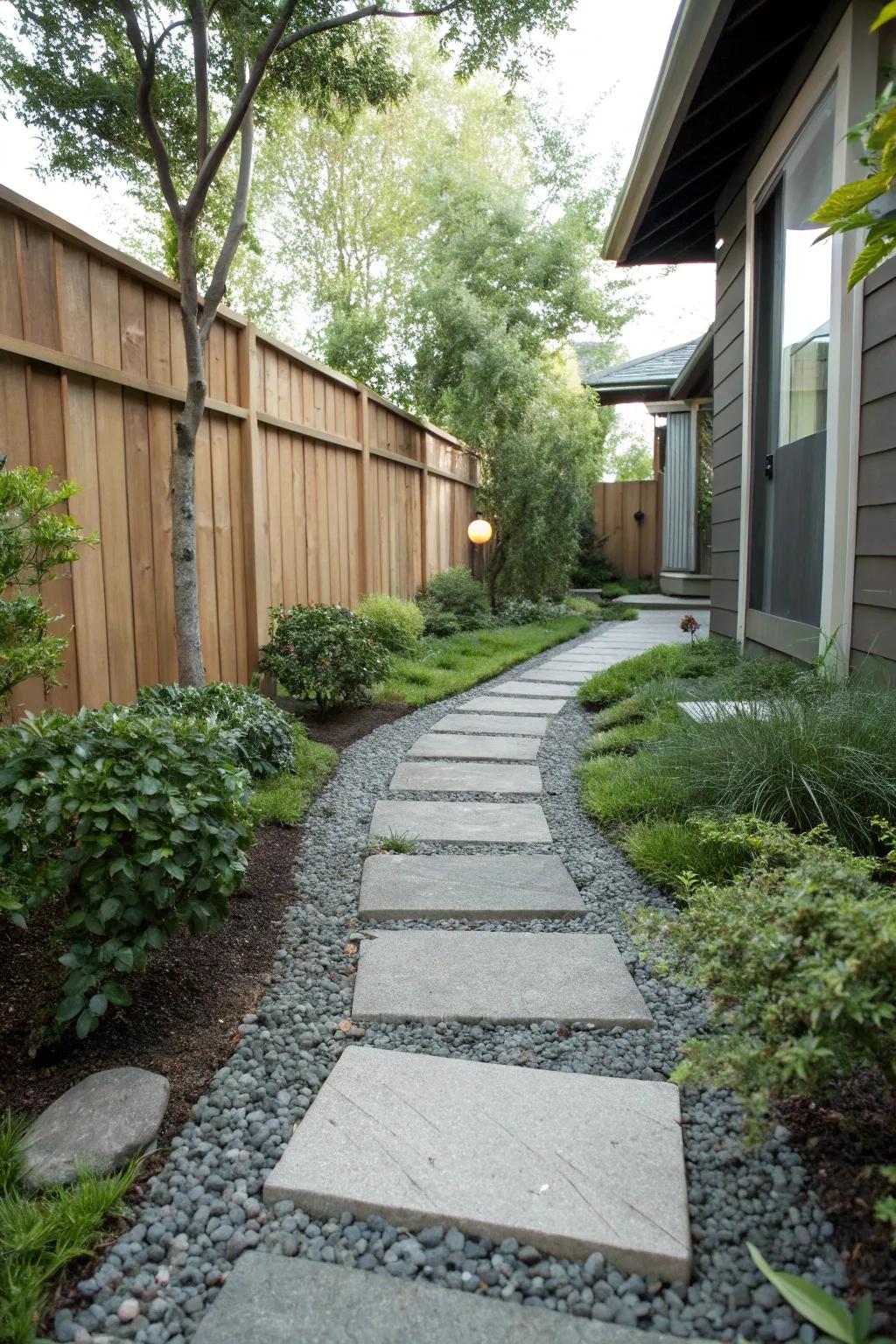 A sleek stepping stone pathway adds elegance to your side yard.