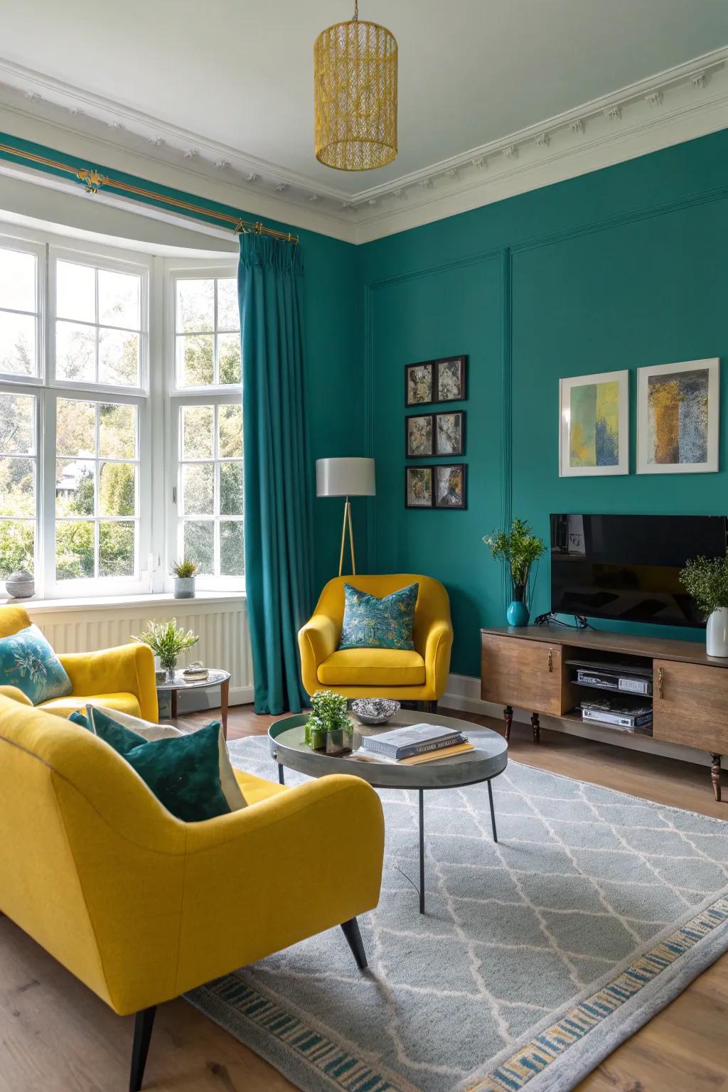 Teal walls provide a calm backdrop for vibrant accents.