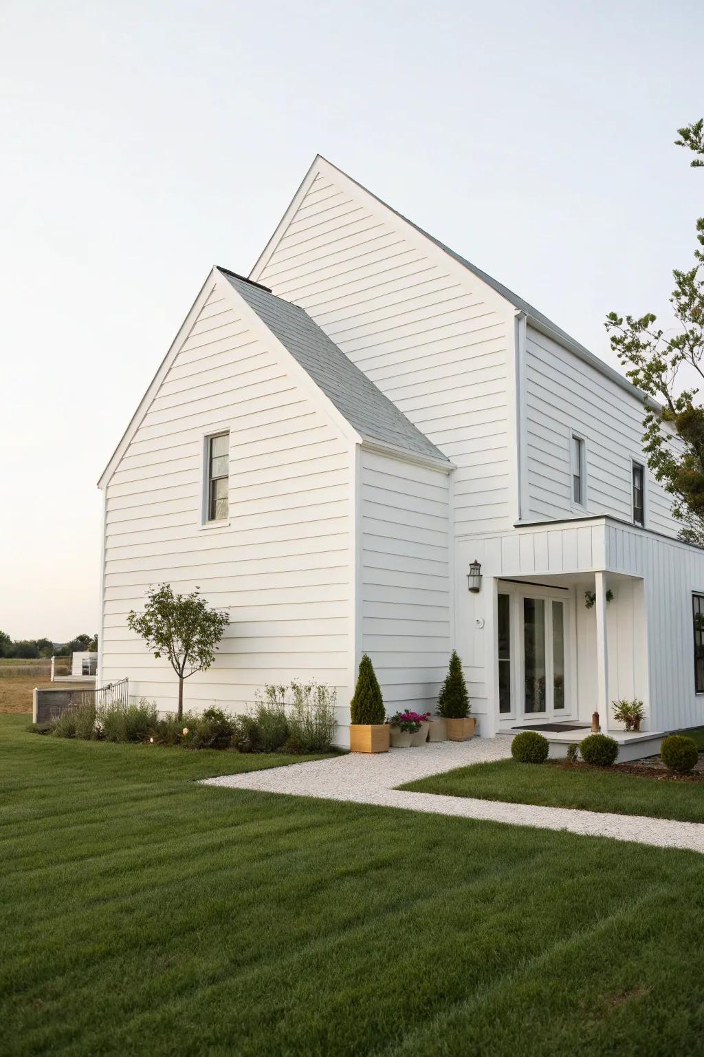 A minimalist white facade, characterized by refined lines and a calming ambiance.