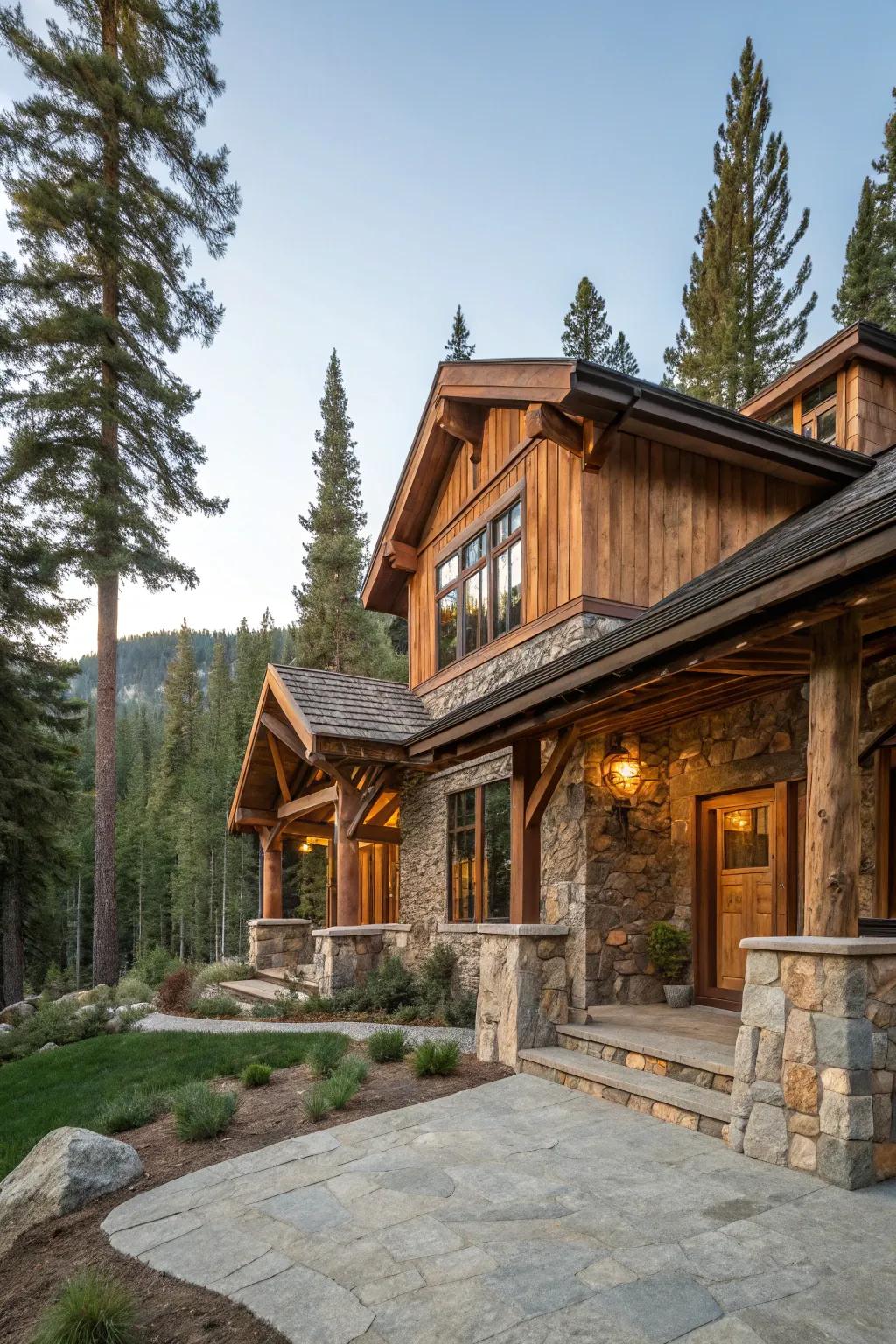 Rustic charm with natural materials in a mountain setting.