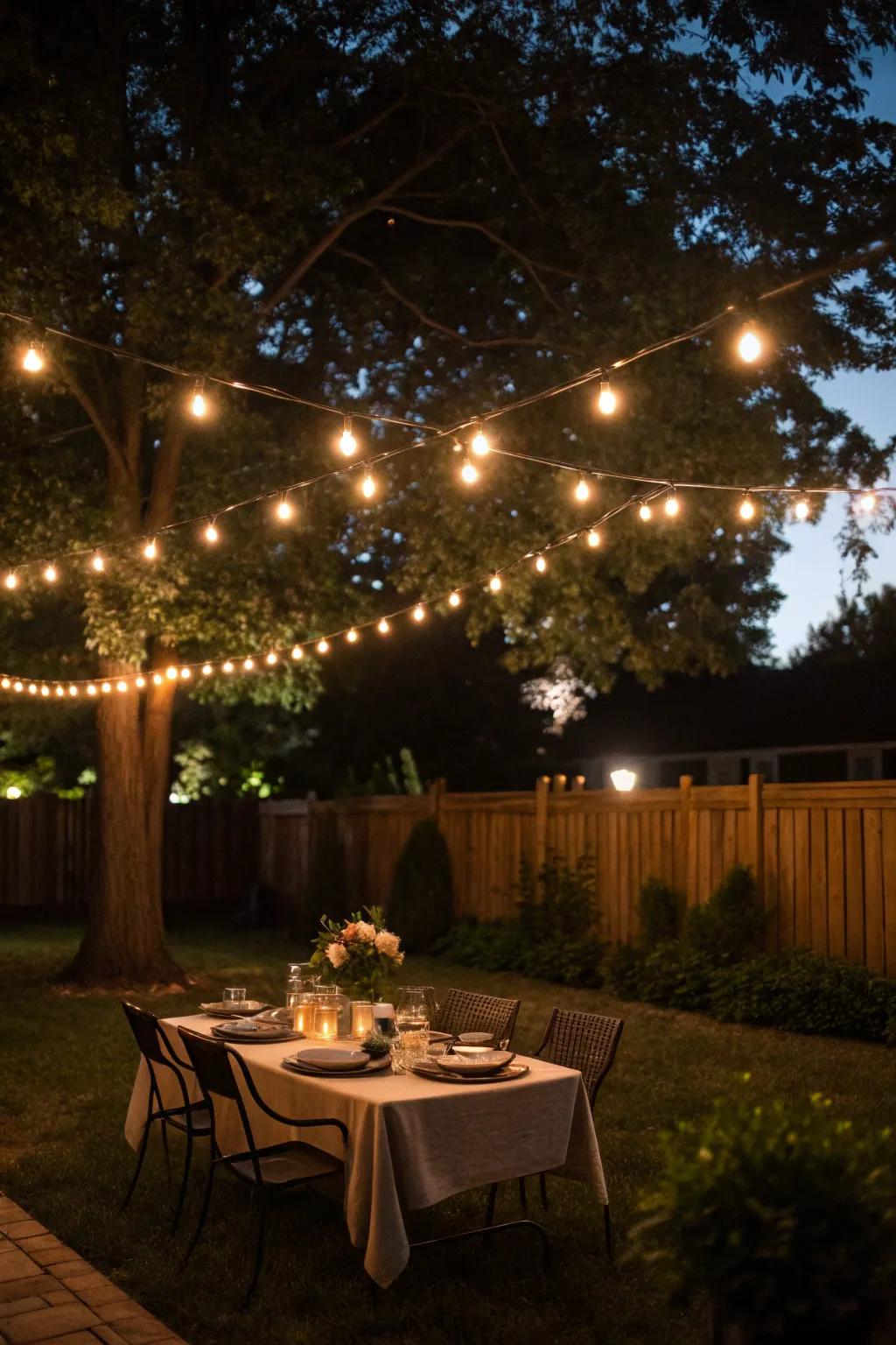 String lights introduce a hint of enchantment to any backyard environment.